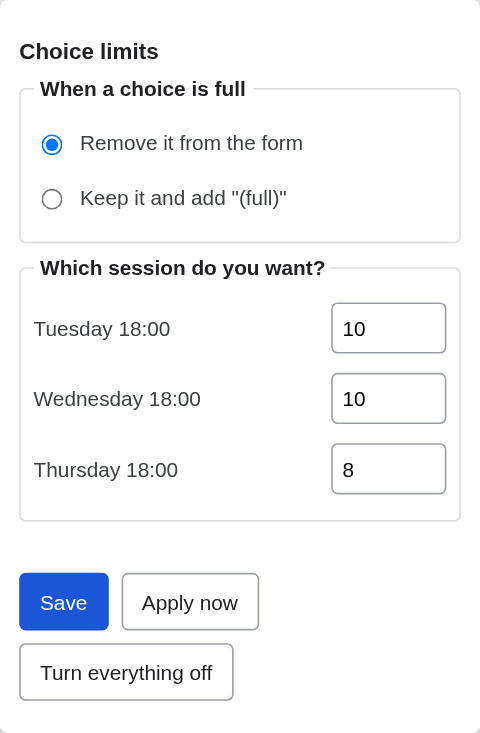 FormCap sidebar with limits of 10, 10 and 8 places for three sessions